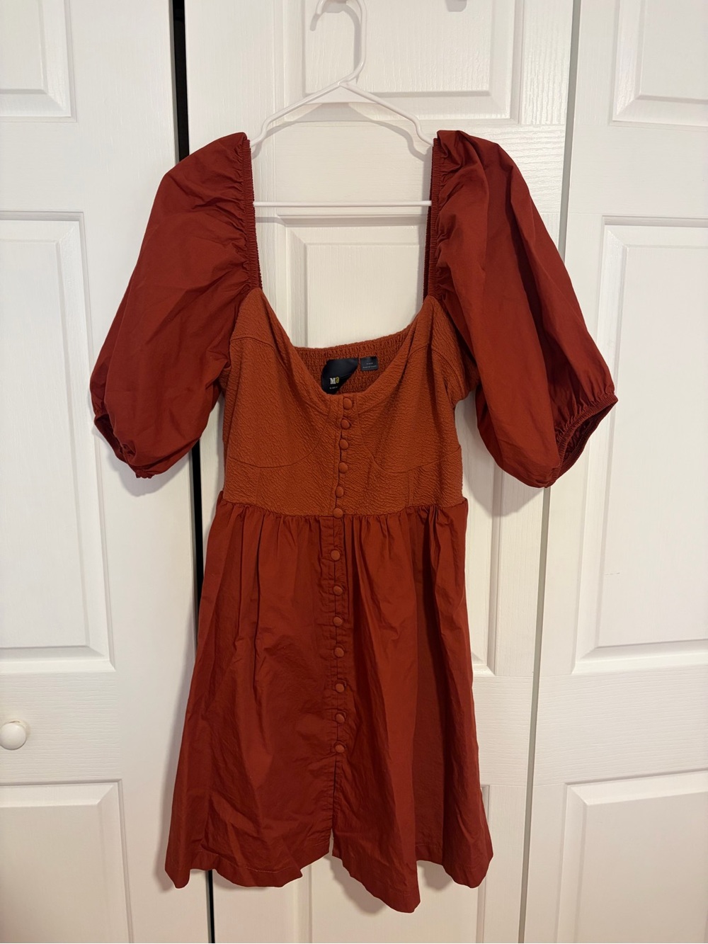 Anthropologie Rust Red Puff-Sleeve Smocked Mini Dress